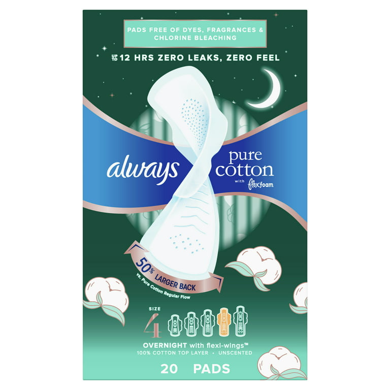 Always Pure Cotton Feminine Pads With WIngs, Size 4, Overnight Absorbency,  20 CT