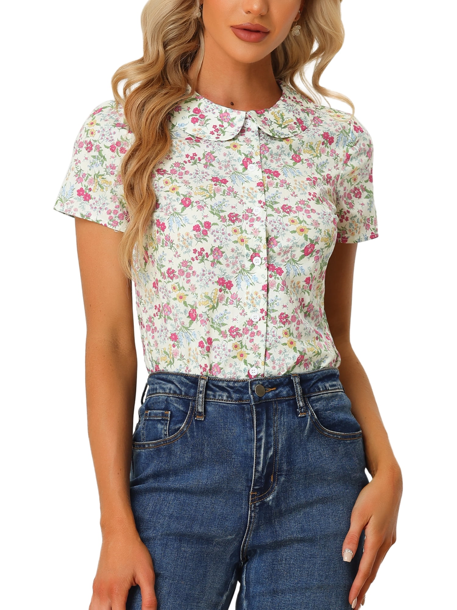 DARING DIVA Women's Retro Peter Pan Collar Button Front Blouse XL Cream White