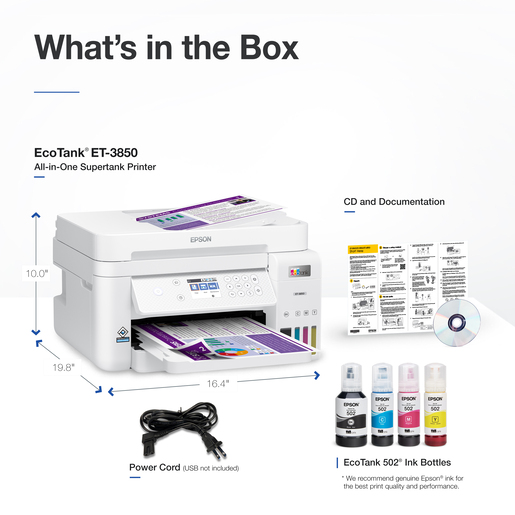 Restored Epson EcoTank ET-3850 Wireless Color All-in-One Cartridge-Free Supertank Printer with Scanner, Copier, ADF and Ethernet (Refurbished)