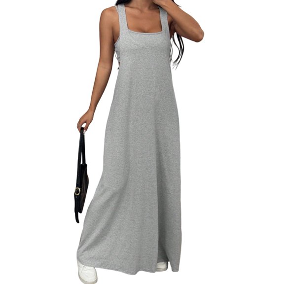 Women's Two-Piece Sleeveless Square Neck Tank Maxi Dress with Built-in Crop Top Deep Space Gray S
