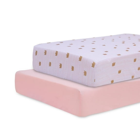 Little Grape Land Cotton Crib Sheets for Girls 2 Pack, Cotton Crib/Toddler Bed Sheet, Foil crown Pink line
