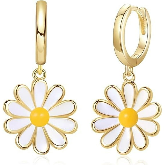 18K Gold Plated Daisy Pearl Earrings for Women, Flower Dangle Earrings Hypoallergenic Jewelry
