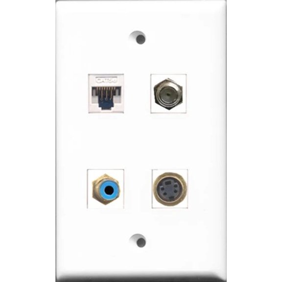 RiteAV - 1 Port RCA Blue and 1 Port Coax Cable TV- F-Type and 1 Port S-Video and 1 Port Cat5e Ethernet White Wall Plate
