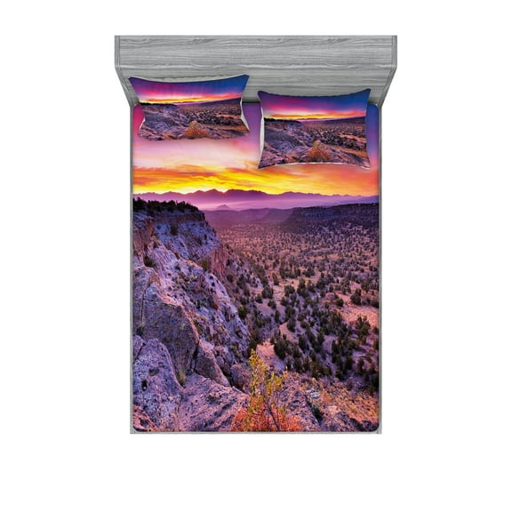 Ambesonne Nature Fitted Sheet & Pillow Sham Set, Sunrise Sky Horizon Dusk, Queen, Purple Blue