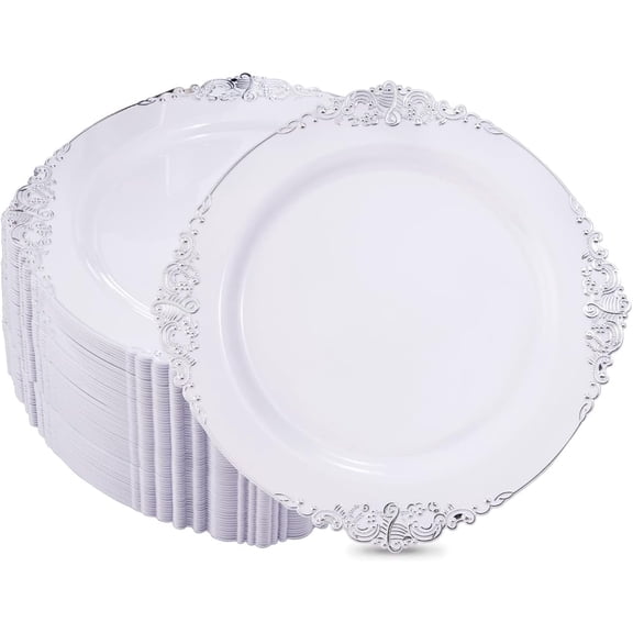 White and Silver 10.25 Inch Disposable Dinner Plates Heavy Duty Food Grade Plastic