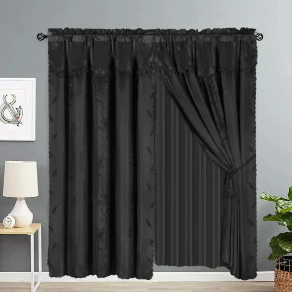 Gorgeous Home Linen 2pc Complete Set Faux Silk Floral Print Rod Pocket Window Curtain Semisheer Black color 120" W x 84" L Nada Style