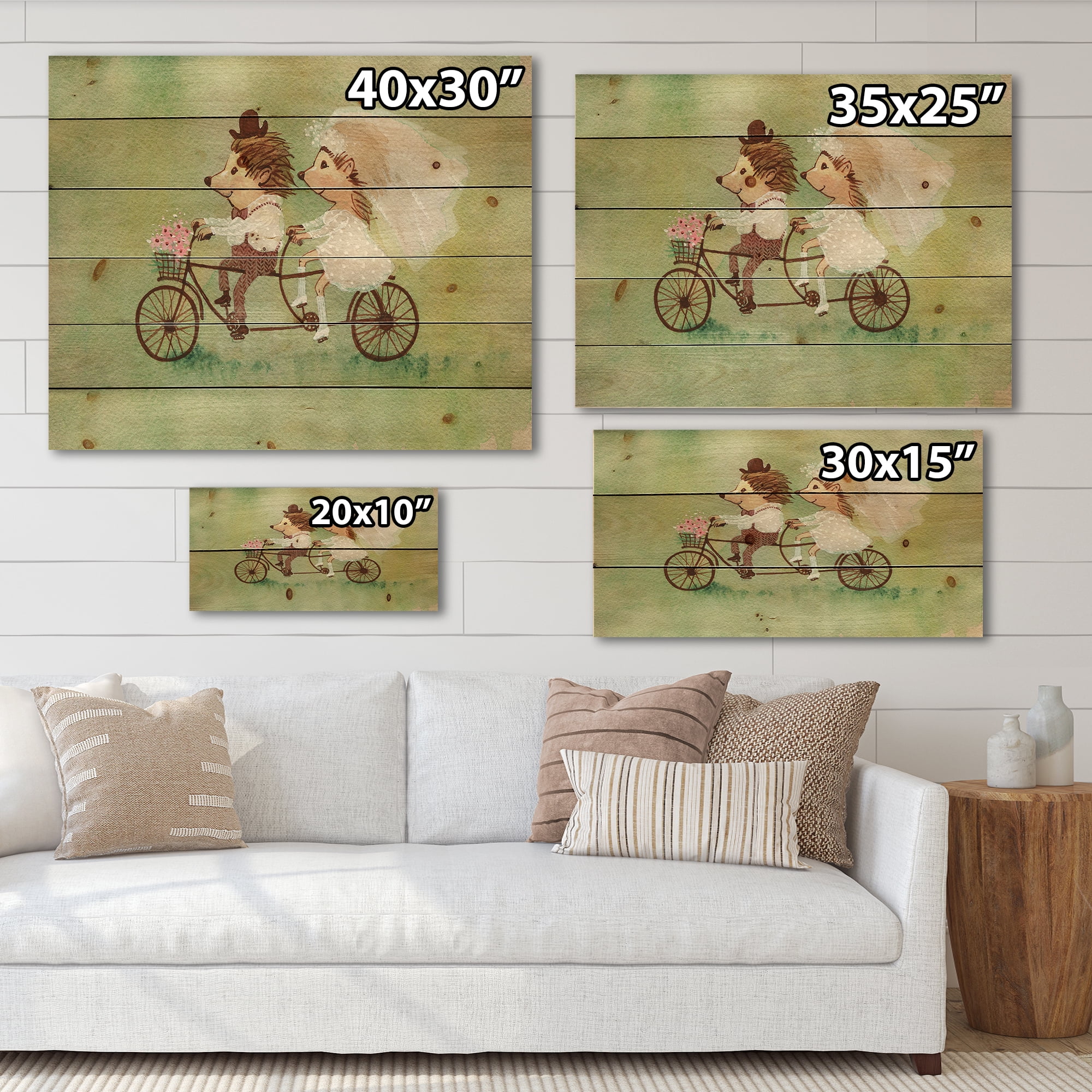 Designart 'Wedding Couple of Hedgehogs Riding A Bike' Traditional Print on Natural Pine Wood