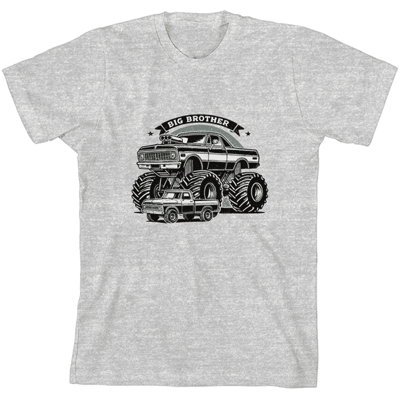 Big Brother Monster Truck Boy's Heather Gray Crew Neck Short Sleeve Tee-Medium