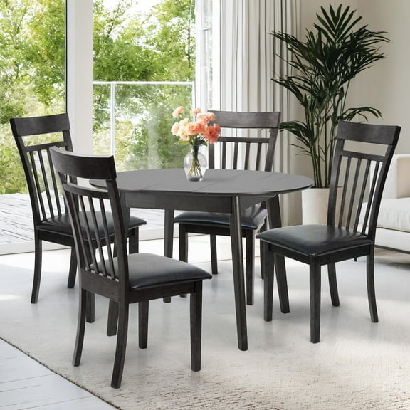 Dining Table Set for 4, Classic Style Solid Wood Warm Chairs w Extendable Round Table, Kitchen Room Set, Espresso Color w PU Leather Fabric