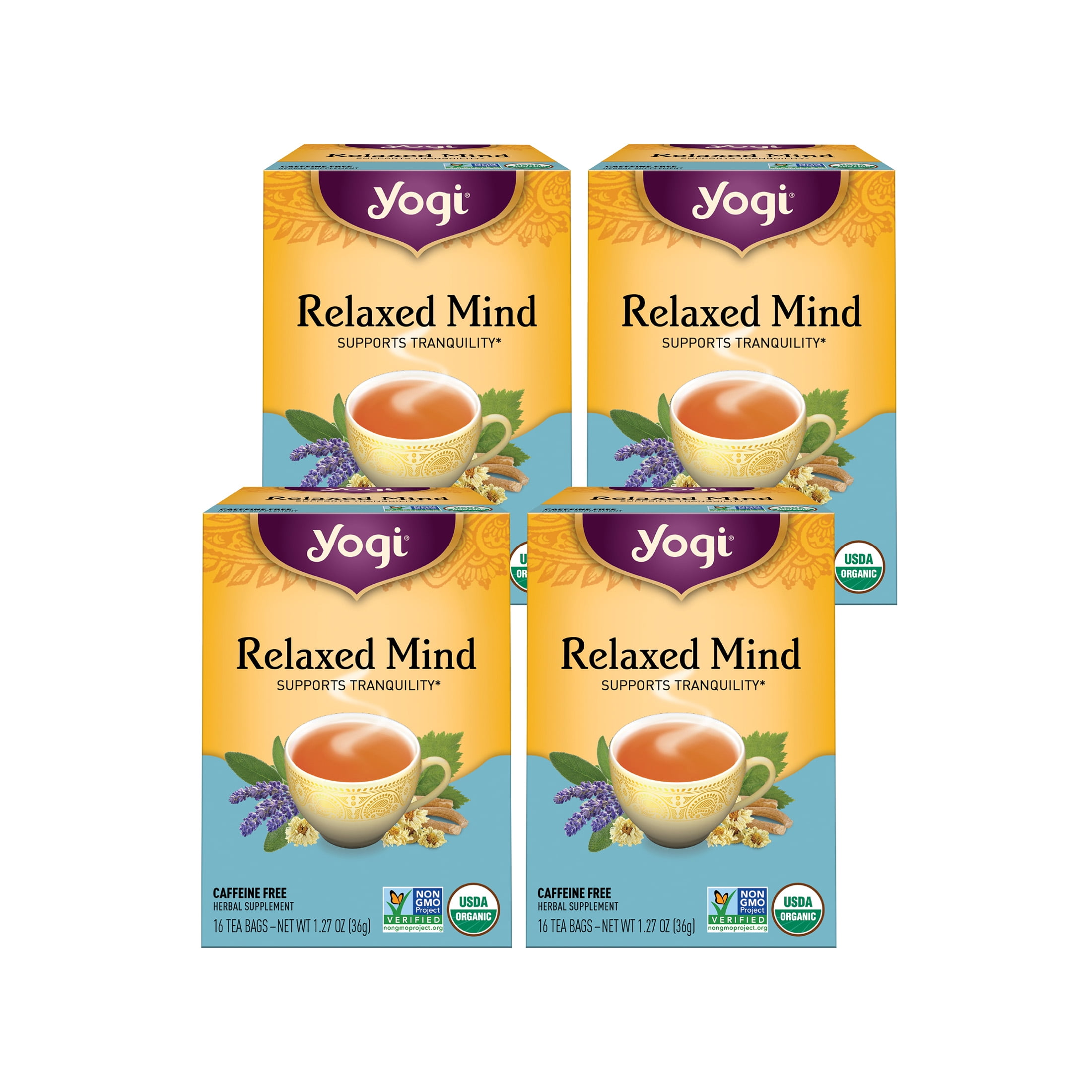 Yogi Tea Relaxed Mind, Caffeine-Free Organic Herbal Tea, Wellness Tea Bags,  4 Boxes of 16 - Walmart.com