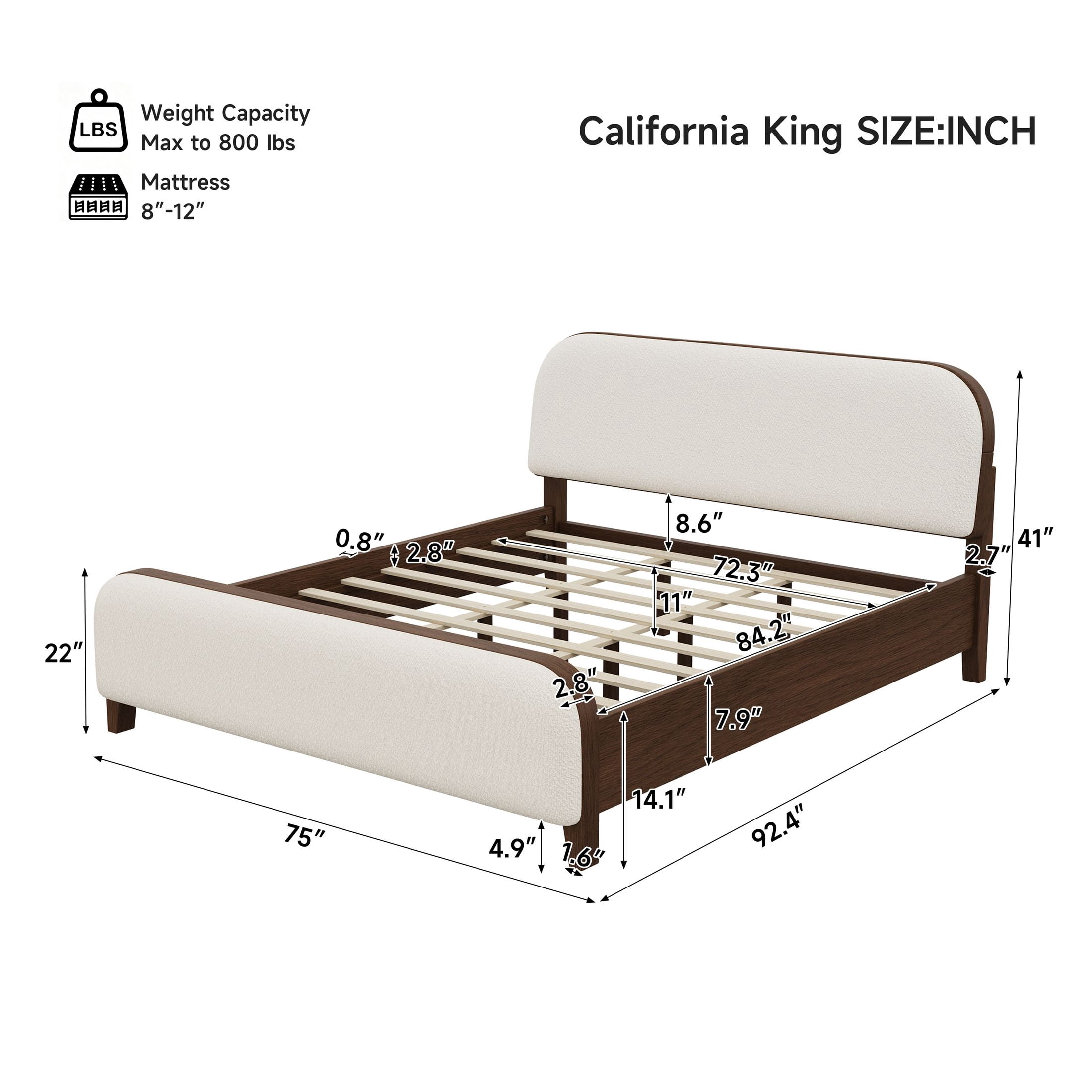 Christopher Knight Home California King Upholstered Platform Bed Frame, Rounded Headboard & Footboard, Brown+Off White