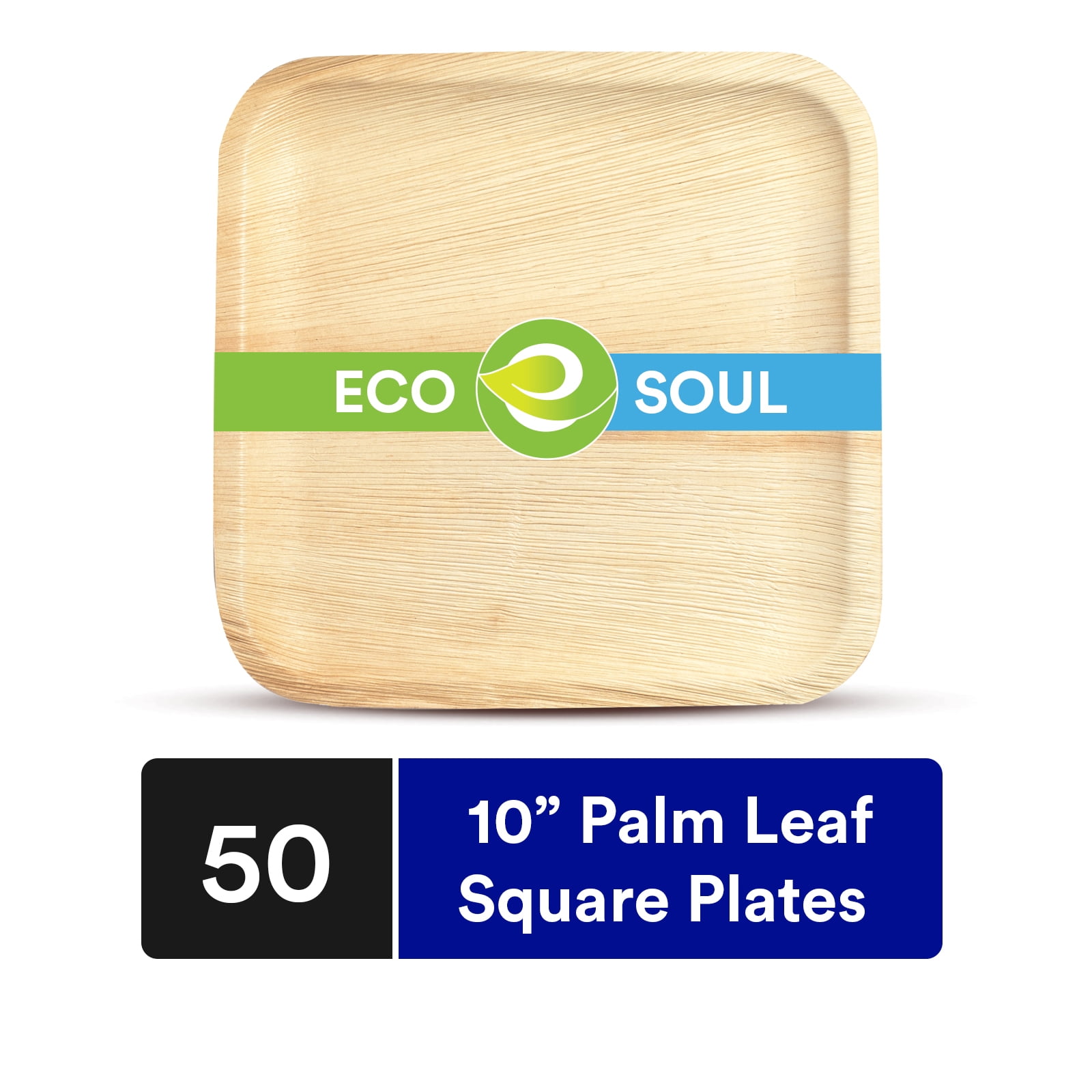 ECO SOUL 100 Compostable 10 Inch Palm Leaf Square Plates, 50 Counts