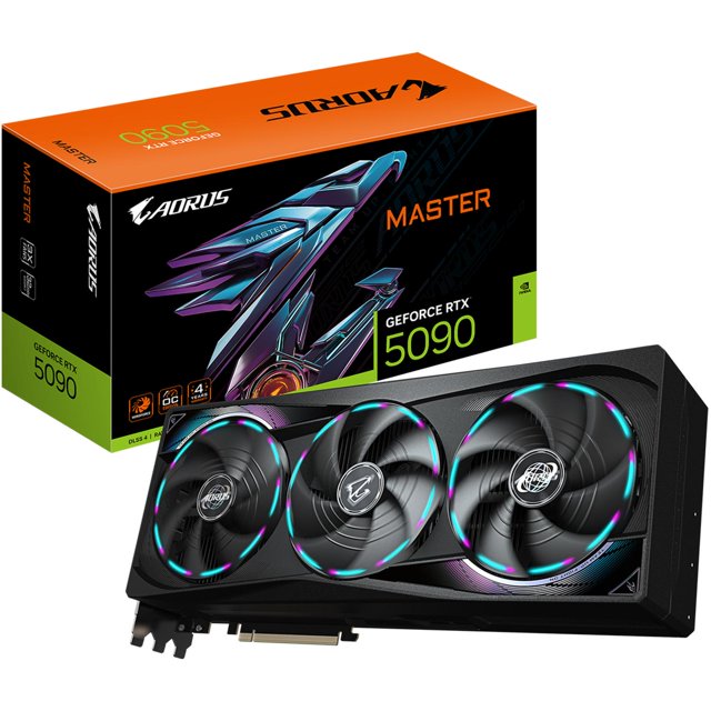 tarjeta de video aorus nvidia geforce rtx 5090 master 32gb gddr7 rgb 3 fan dlss 4 pci express 5.0 ia — Vista frontal inclinada de la tarjeta gráfica AORUS MASTER negra con tres ventiladores circulares con anillos RGB, carcasa texturizada y conector PCI Express 5.0; especificaciones clave visibles: 32GB GDDR7 y 21,760 núcleos CUDA, puertos 3 x DisplayPort 2.1b y 1 x HDMI 2.1b. A menudo usada también en estaciones de trabajo para renderizado y edición de video.