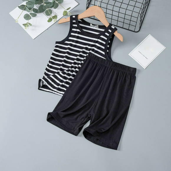 PMVFHDE Boys Outfits&Set Children's Striped Tank Shorts Two Piece Summer Boys Loose Sleeveless Pajamas Thin Girls Air Conditioned Loungewear Boy Clothes Black,160