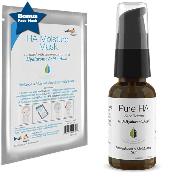 Suero facial Hyalogic Pure HA 1 oz y 1 máscara facial de ácido hialurónico – Paquete – Piel sensible – Hidratante profundo tópico bomba de 1 oz – Para mujeres y hombres – Rejuvenece e hidrata