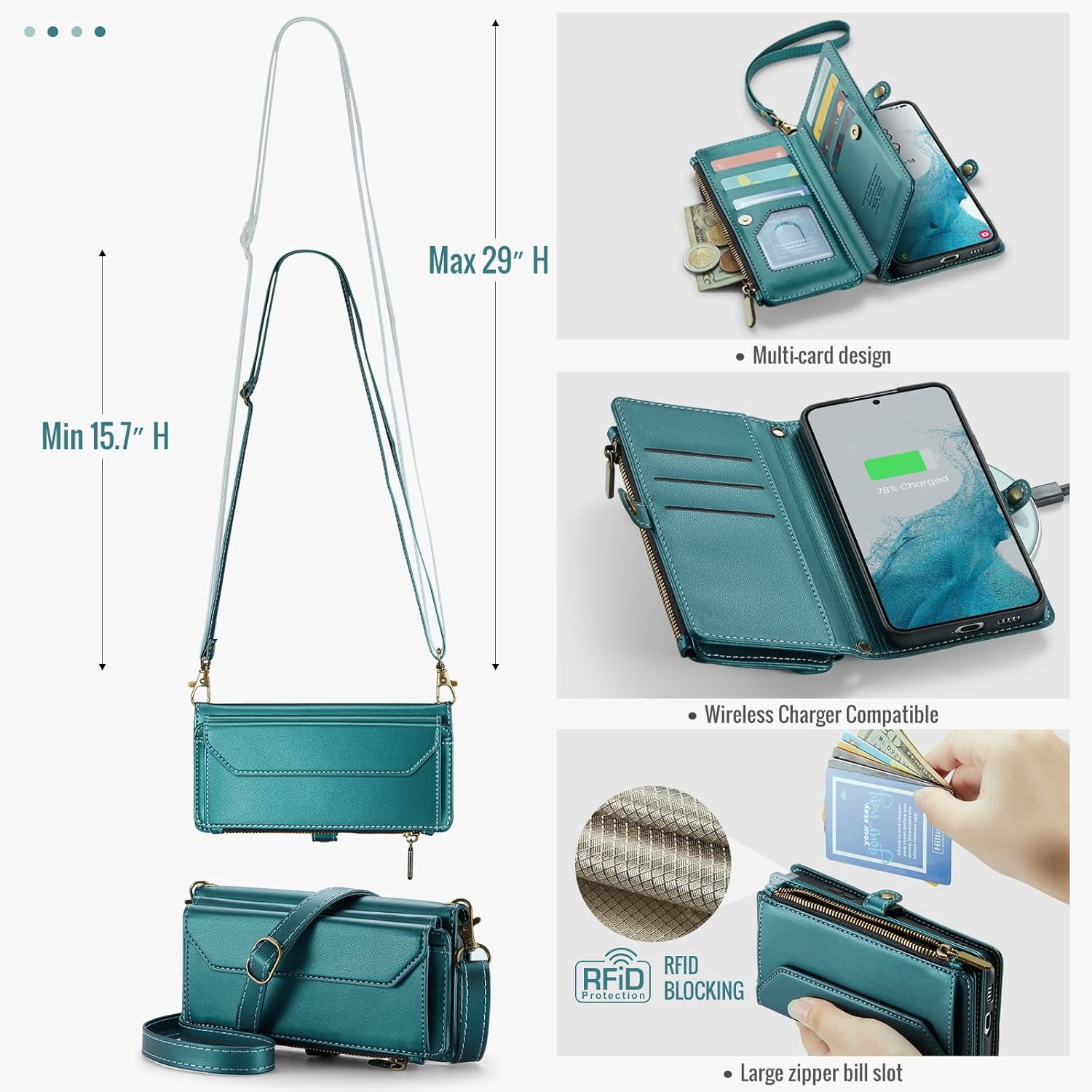 Phone Case for Samsung Galaxy S22 Plus S22+ 5G Zipper Wallet Cover with Tempered Glass Screen Protector and Flip RFID Blocking Card Holder Cell S22+5G S22plus 22S + S 22 22+ Women Girls Green