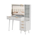 thumbnail image 2 of 48" Fluted Makeup Vanity Desk with 3-Mode Lights Mirror, Makeup Vanity Glass Top & Power Outlet - Modern Dressing Table for Bedroom, White, 2 of 8