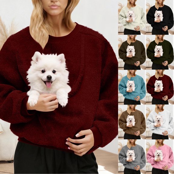 lcziwo White Women Sweatshirt with Dog Pouch Winter Fleece Crewneck Pullover Solid Color Casual Loose Long Sleeve Tops Streetwear L