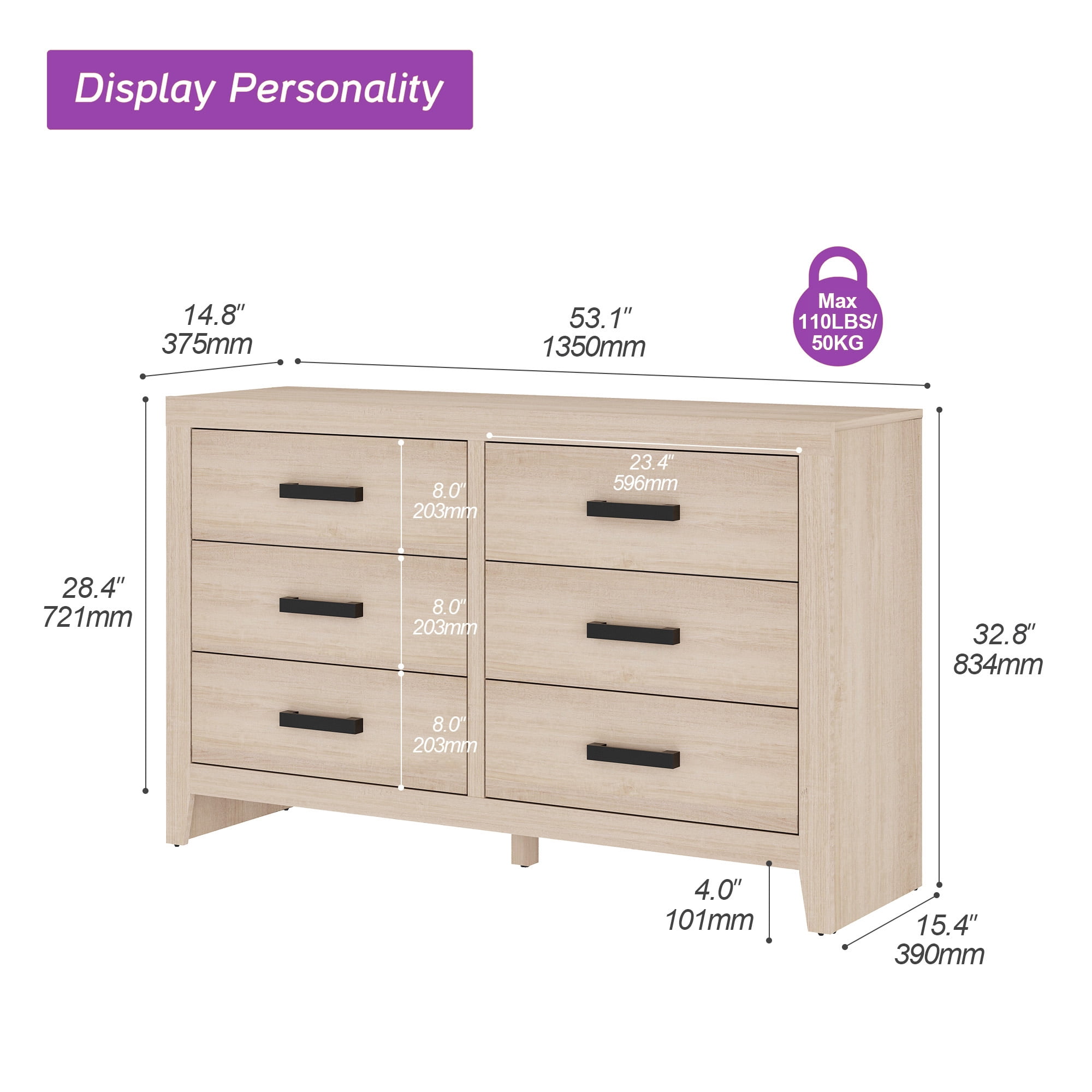 WAMPAT Farmhouse Wooden Sideboard with 6 Drawers, 53 Inch Wide Rustic Storage Sideboard Cabinet, Multi-Functional Buffet Cabinet for Living Room, Dinning Room, Beige