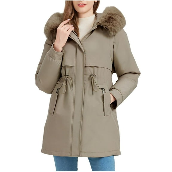 Parkas Jackets for Women Thicken Warm Faux-fur Tirm Hooded Long Parka Coat with Pockets Winter Puffer Outerwear (XL, Khaki 01)