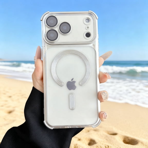 For iPhone 16 Pro Max Phone Case,Built-in Lens Camera Protector,Compatible with Mag-Safe,Soft TPU Shockproof Protection,Matte Translucent Back,Four Corners Raised Anti-fall Phone Case,Silver