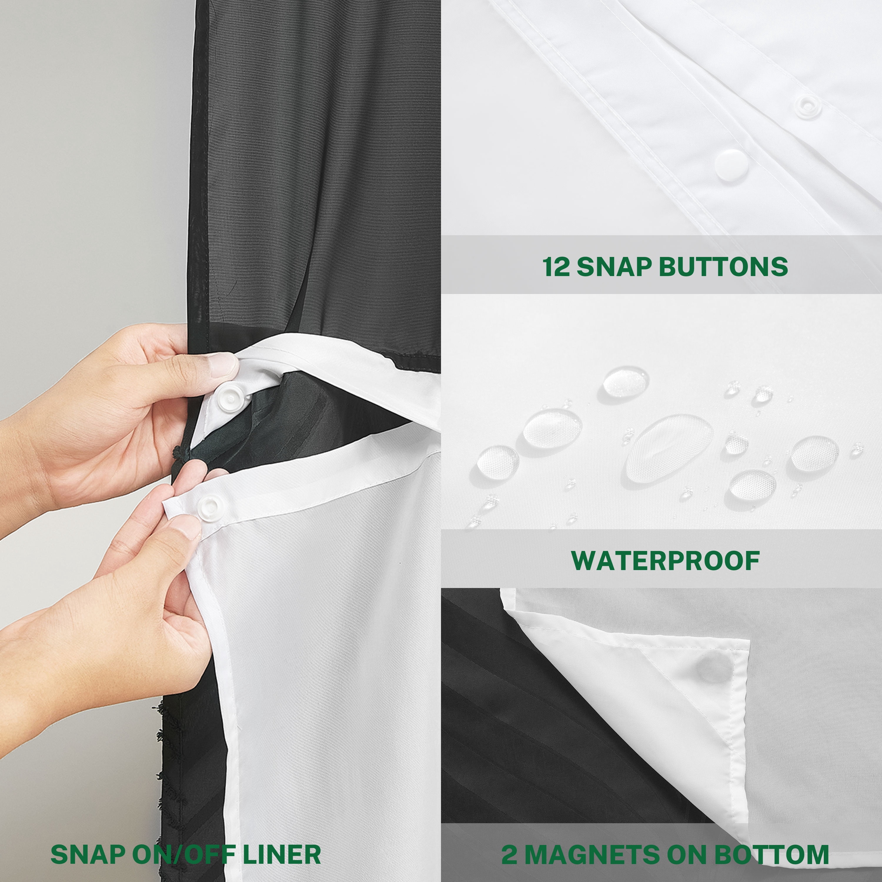 Siiluminisoy Black Hookless Shower Curtain with Snap in Liner, Boho Tufted Geometric Striped Design Fabric No Hook Waterproof Mesh Window Bathroom Curtain, 71"X 86"
