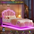 thumbnail image 3 of Hiphuta Twin Floating Bed Frame with Crown Storage Headboard, Velvet Upholstered Platform Bed with LED Lights & Charging Station, No Box Spring Needed, Pink, 3 of 7