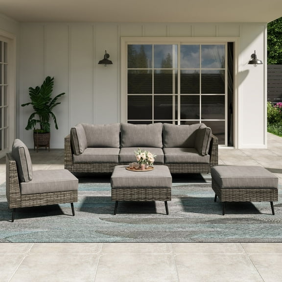 LAUSAINT HOME 6 Pieces Outdoor Furniture Set, Patio Rattan Wicker Sectionals with 4 Chairs and 2 Ottomans, Gray Cushions