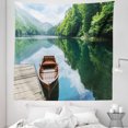 thumbnail image 1 of Lake Tapestry, Wooden Boat at Pier on Biograd Mountain Lake Montenegro Idyllic Springtime, Fabric Wall Hanging Decor for Bedroom Living Room Dorm, 5 Sizes, Green Brown Pale Blue, by Ambesonne, 1 of 1