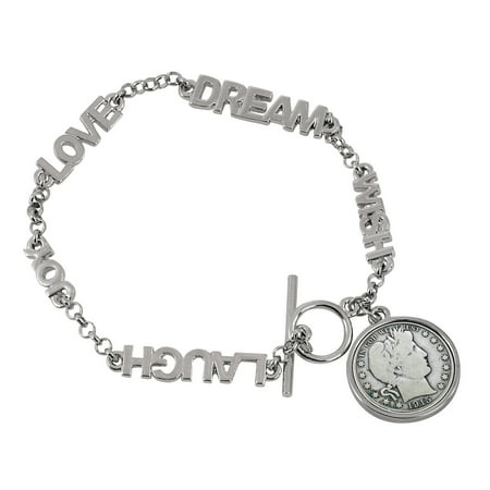 - Silver Barber Dime Inspirational Dream Wish Love Laugh Joy Coin Bracelet