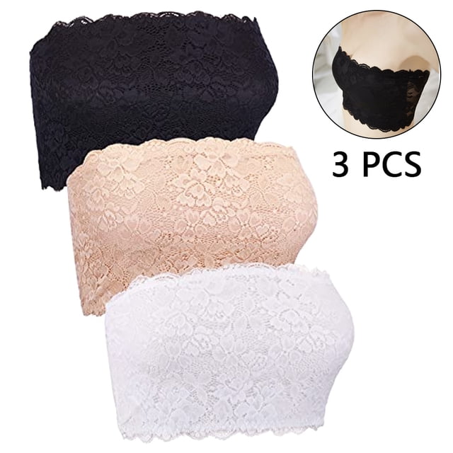 Conjunto de 3 piezas de sujetador tipo bandeau sin tirantes con encaje floral para mujer, sin costuras y elástico.