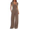 thumbnail image 3 of Womens V Neck Short Sleeve Top Wide Leg Pants Casual Comfortable Outfit Set Two Piece Khaki Color [Short Sleeve] XS, 3 of 5