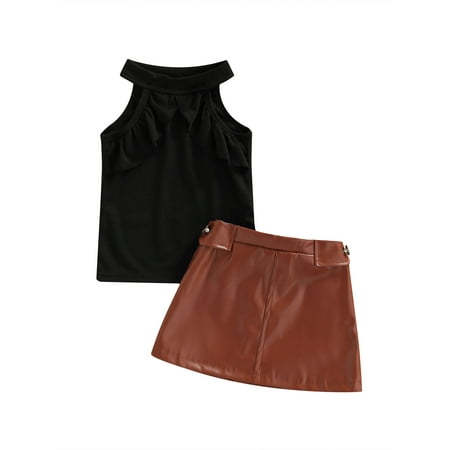 

TheFound Kids Girls 2pcs Clothes Halter Ruffles Sleeveless Solid Vest Tops+PU Leather High Waist Skirts Sets