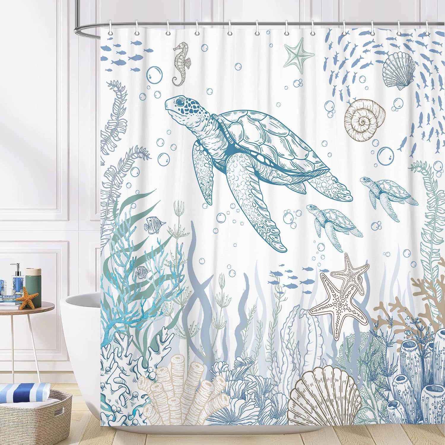Beach Ocean Theme Shower Curtain, Nautical Coastal Tropical Fish Sea Turtle Fabric Shower Curtains Set for Kids Bathroom Decorative, Fun Turquoise Blue Restroom Accessories with Hooks 72X72 Inch