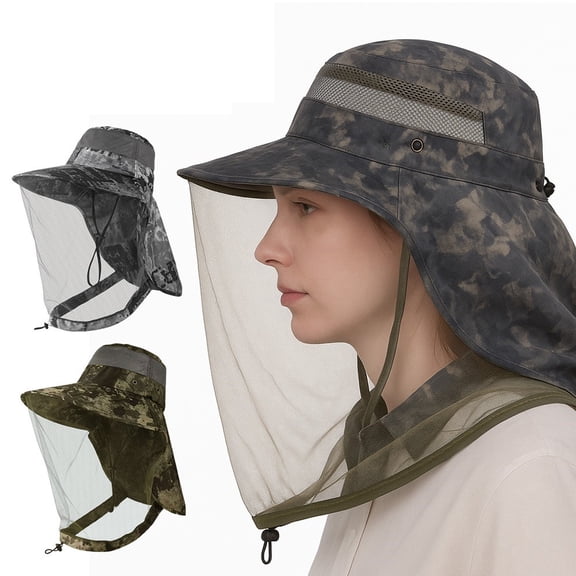 DIDADI Mosquito Head Net Hat, Foldable Wide Brim Sun Cap with Neck Flap for Fishing Hiking, Green