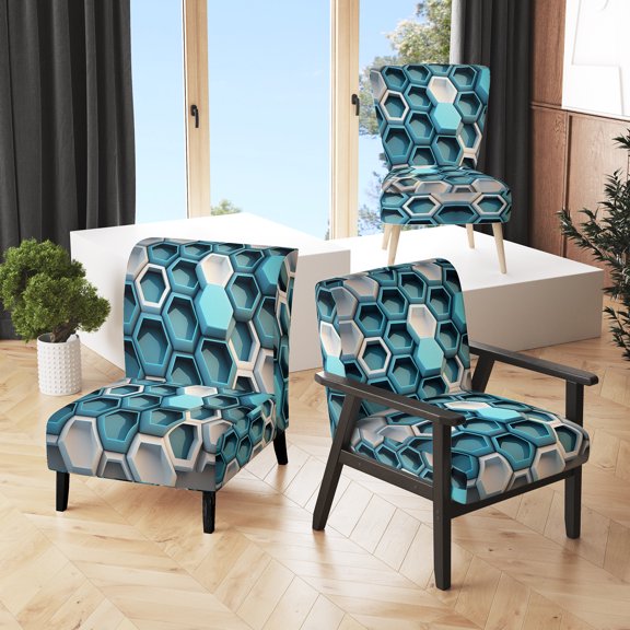 Designart "Cerulean Geometry Blend" Blue Honeycomb Upholstered Accent Chair - Modern Arm Chair For Living Room