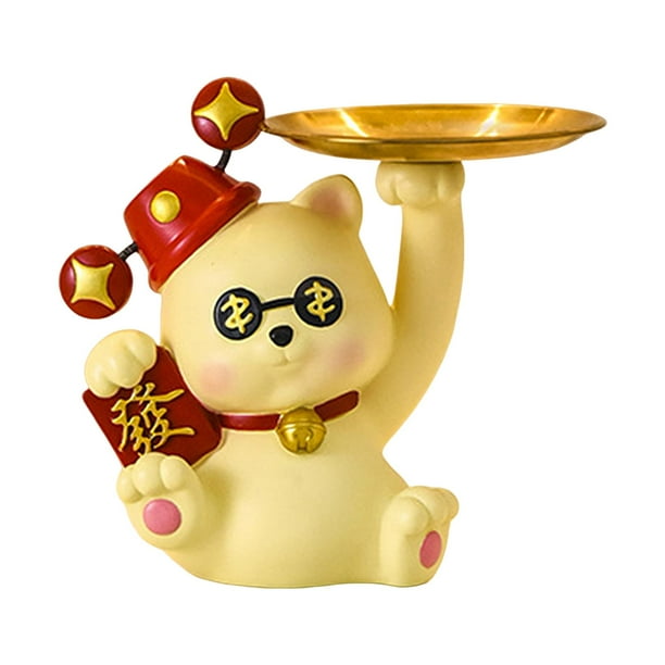 Bonita estatua de gato de la suerte, figura de resina novedosa, bandeja decorativa para guardar llaves, joyería Amarillo