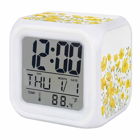 Yellow Daisy Digital Alarm Clock for Bedrooms,Smart LED Alarm Clock with 7 Color Changing Night Light,Spring Floral Summer Botanical Watercolor Silent Wake Up Clocks for Sleep Study Cooking 3.2x3.2