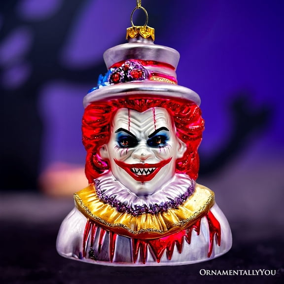 Horror Clown Head Glass Ornament, Gothic Halloween Tree Decor