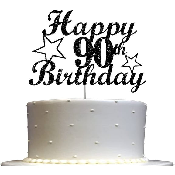 90 Birthday Black Glitter Cake Topper, 90th Party Decoration Ideas, Sturdy Doubled Sided Glitter, Acrylic Stick. Made in USA