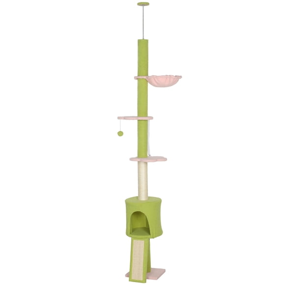 Green Floor to Ceiling Cat Tree with Sisal Scratching Post, Condo & Hammock - 86.6"-94.5" Adjustable Height for Small Flats & Apartments
