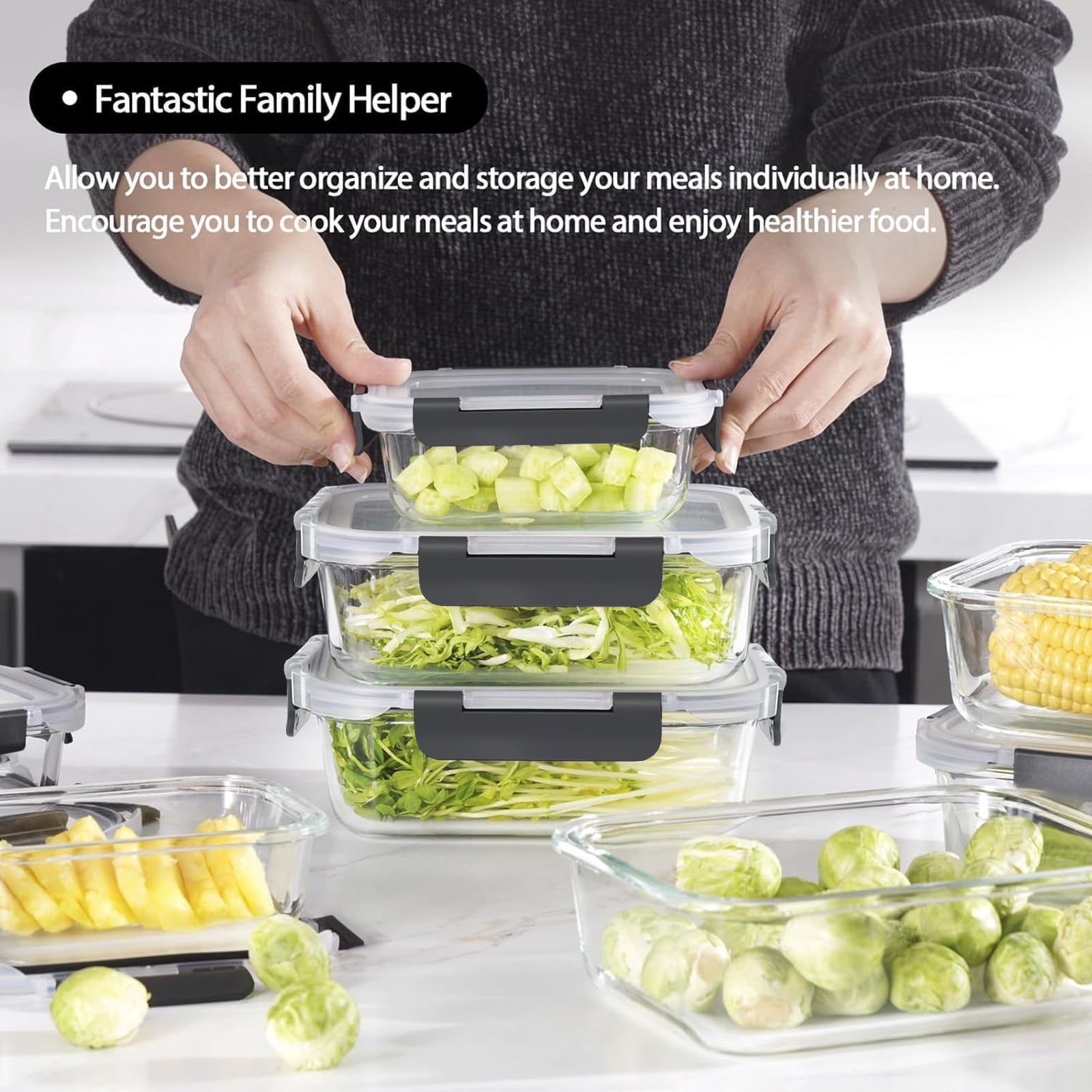 stusgo 20 Pack Glass Food Storage Containers with lids（ 5 x1040 ml, 5 x370 ml）, BPA Free，Reusable for Kitchen Organization (10Pcs Black)