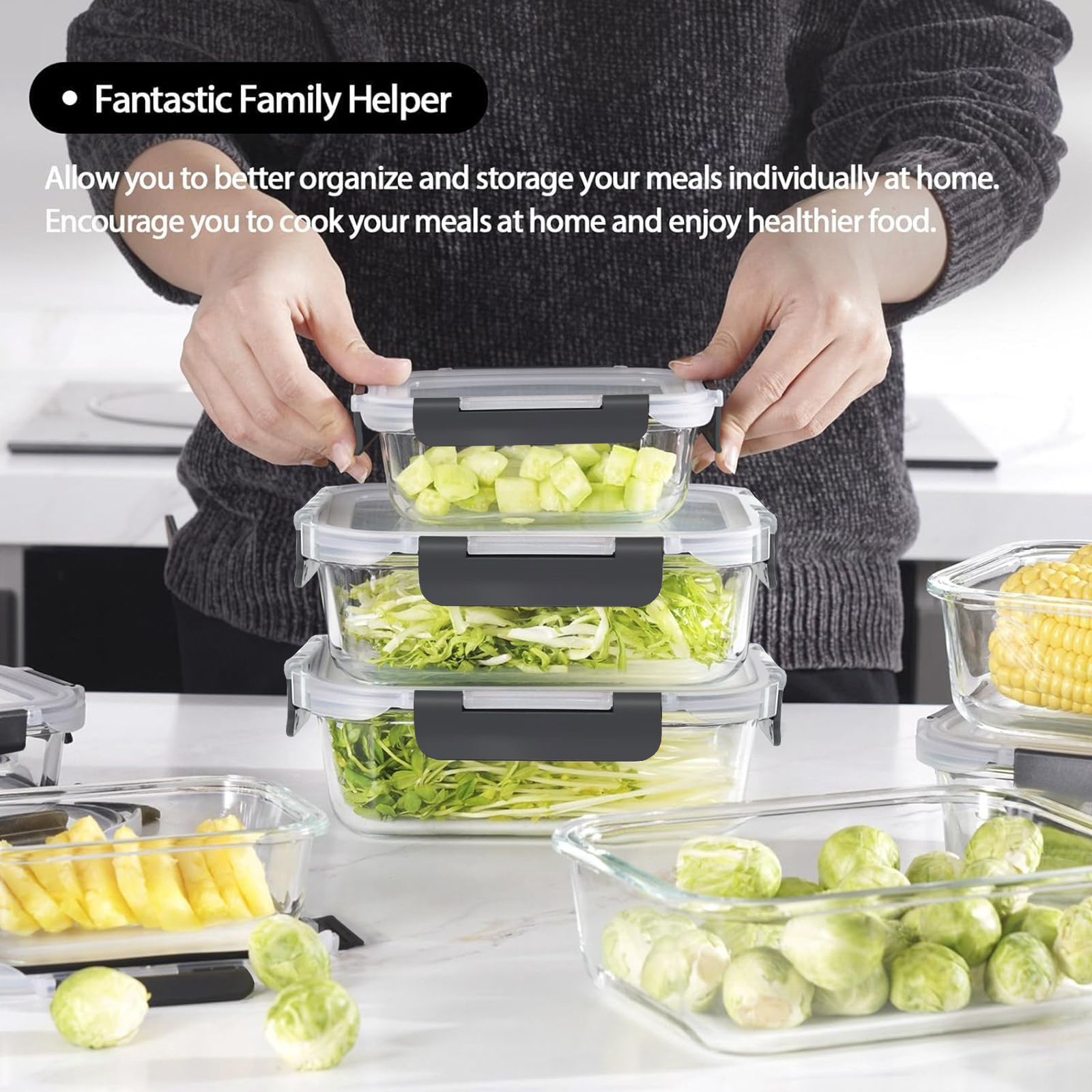 Stusgo 20-Piece Glass Food Storage Containers Set, Black photo 5