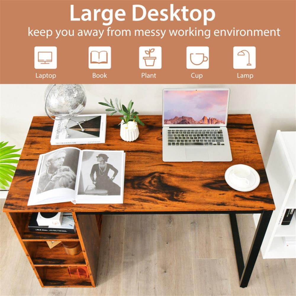 Demi Bonn Computer Desk with 5 Side Shelves and Metal Frame, Small Home Office Desk Study Writing Table, Brown