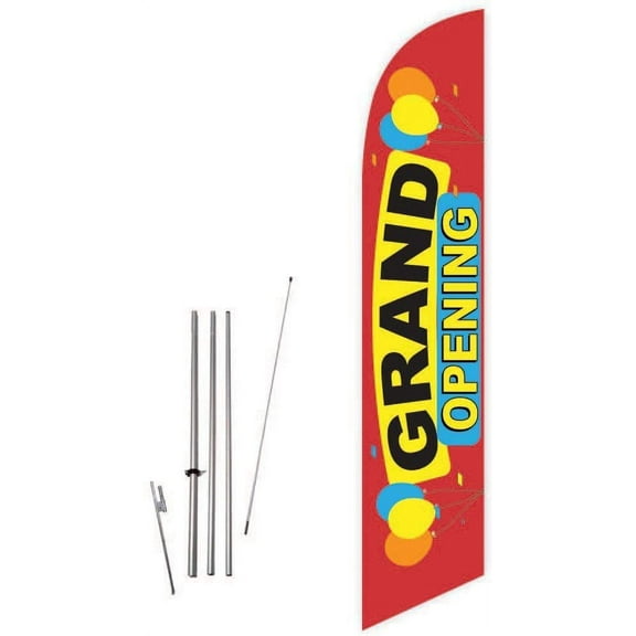 Cobb Promo Grand Opening Red Advertising Feather Flag with Complete 15ft Pole kit and Ground Spike