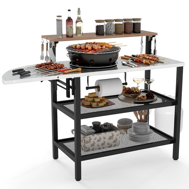 Gymax Table de Bar de Patio avec Dessus Rabattable, Table d'Appoint Pliable, 2 Étagères de Rangement pour Jardin