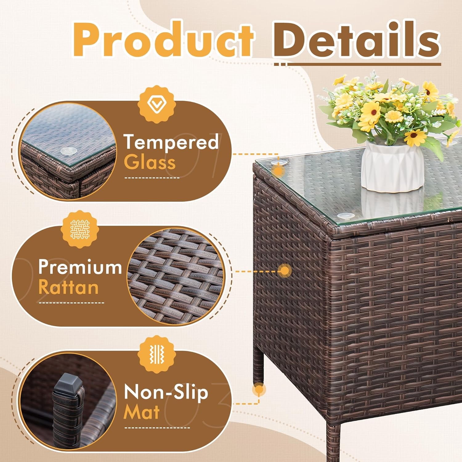 Patio Furniture Set 3 Pieces All-Weather Rattan Outdoor Furniture Patio Chairs with Tempered Glass Table for Porch Bistro Balcony,Beige
