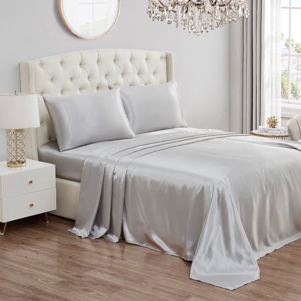 Juego de sábanas Juicy Couture, satén de seda, tamaño king, gris