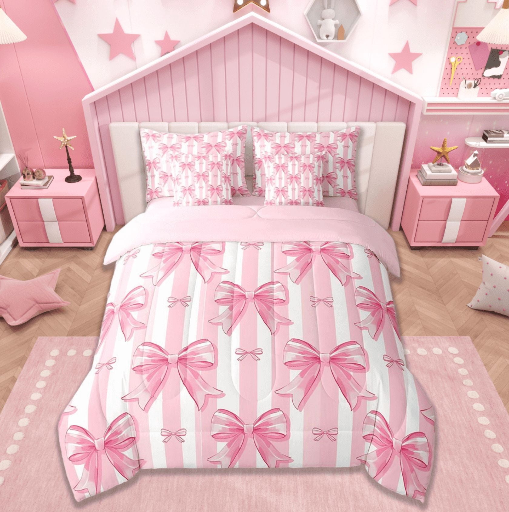 Manfei Kawaii Bow Twin Bedding Sets 7-Piece,Girls Bow Knot Bedding Comforter Set,Pink White Stripes Sheet Sets,Breathable Bedroom Decorative,Reversible