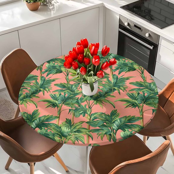 Green Palm Tree Elastic Fitted Round Tablecloth Summer Tropical Plant Waterproof Outdoor Table Cover for Holiday Party, Picnic, Patio & Dining Fits Tables Up to 36"-44"
